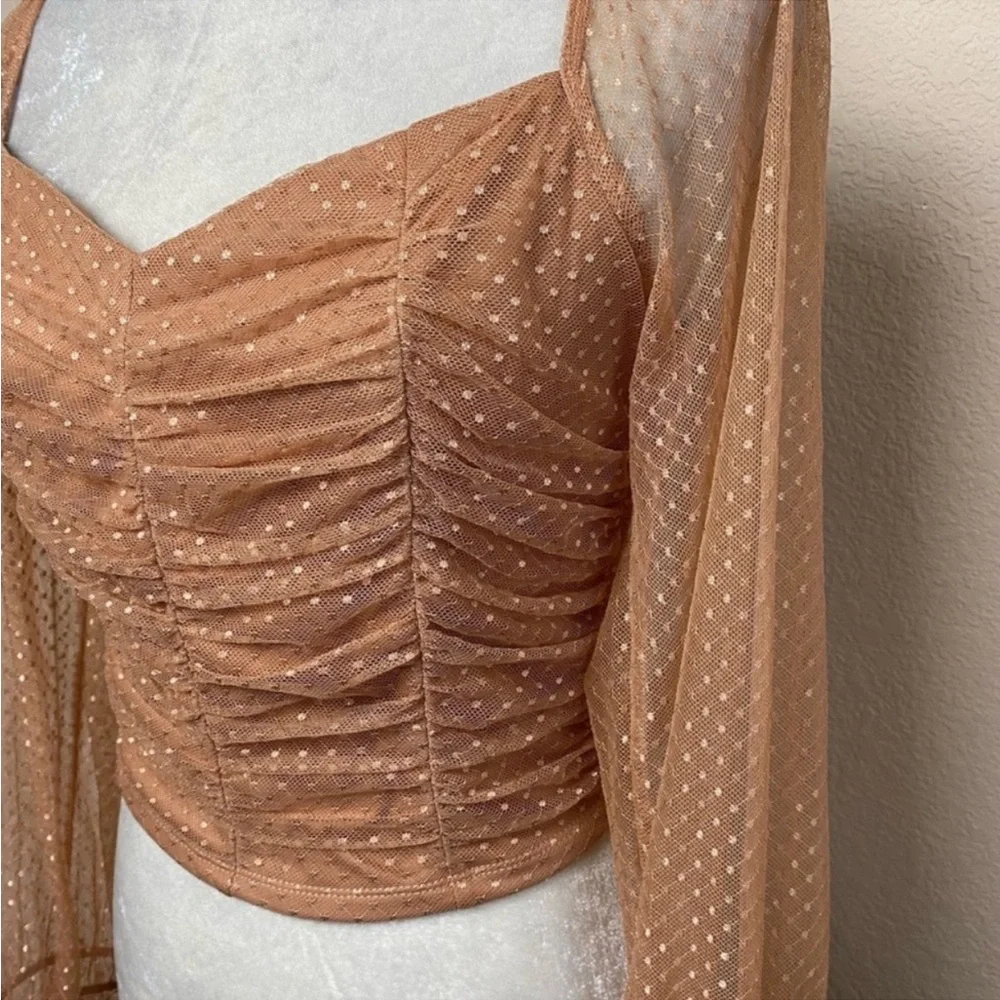Willow Tan Peach Sparkle Ruched Long Sleeve Crop Top Size Medium